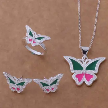 Sidabro padengtą papuošalų rinkiniai, sidabro papuošalai, nustatykite spalvingas drugelis žalia ir raudona elegantiškas Auskarai Karoliai, Žiedas /THGGSIME
