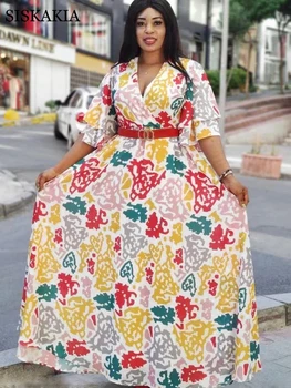 Siskakia Elegantiškas Etninės Šifono Spausdinti Maxi Suknelė Moterims Vasaros 2021 V-Kaklo trumpomis Rankovėmis Imperijos Sūpynės Slim Afrikos Drabužiai