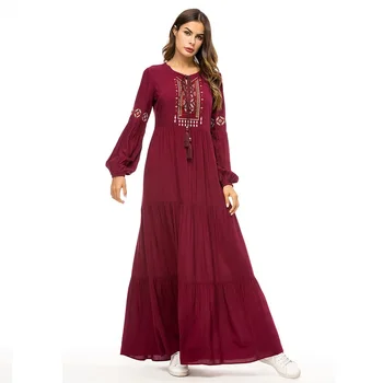 Siuvinėjimo musulmonų suknelės musulmonų suknelė ilgos suknelės, M-4XL dydžio vyno raudona moterų suknelės musulmonų drabužiai arabų skraiste 5261