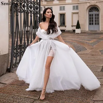 Smileven Pusės Split Vestuvių Suknelė, Trumpas Sijonas Boho 2020 Blizgančiais Nėrinių Vestuvinės Suknelės Chalatas de soriee Turkija Vestuvių Suknelės