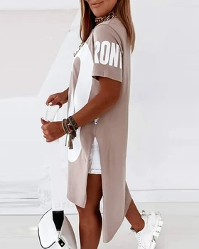 STILINGAS PANELE Laišką Atspausdinta Marškinėliai 2021 M. Pavasarį Moterys Trumpas Rankovės Pusės Split Atsitiktinis Palaidų Hip-Hop Juoda Streetwear Viršūnes Tees