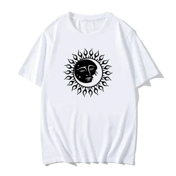 Sun Moon spausdinti marškinėliai womenO-kaklo trumparankoviai moteriški drabužiai vasaros medvilnės pagrindinio atsitiktinis vyrų ir moterų viršūnių naujas