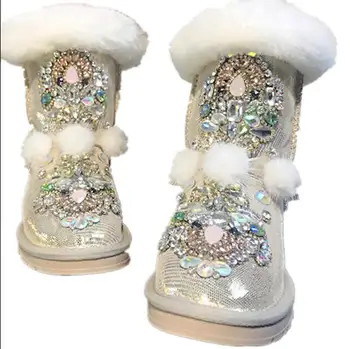 Sunkiųjų cirkonio rankų užsakymą audinės kailio kamuolys odinis storas šiltas šiltas triušio kailis sniego batai moteriški medvilniniai bateliai