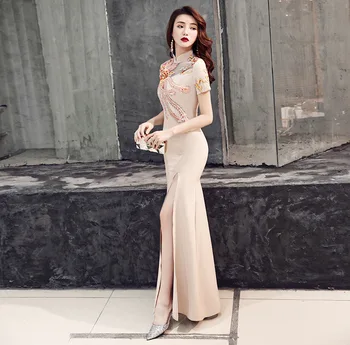 Tamsiai Mėlynos Moterų Undinė Ilgas Šalis Suknelė Cheongsam Elegantiškas Kinų stiliaus Mandarinų Apykaklės Siuvinėjimo Suknelė Plonas Vestido XS-3XL