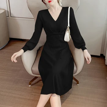 Teks naują parodyti, plono mezgimo suknelė Hepburn atmosfera kokybės grynos spalvos prancūzų v-kaklo juoda
