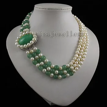 Terisa Pearljewelry AA 7-8mm Baltos Spalvos Natūralių Gėlavandenių Perlų Vėrinį Žalia Akmuo Juvelyrikos 3Rows Mados Lady Pearl