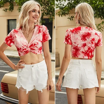 Tie-Dye Marškinėliai Topai Moterų Naujo Stiliaus Estetinių Trumpas Seksualus Krūtinės Įvyniojimas Į Viršų Vasarą Kasdien Womens Palaidinė Marškinėliai