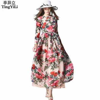 TingYiLi Gėlių Maxi Suknelė Ilgomis Rankovėmis Atspausdintas Šifono Suknelė Bohemijos Paplūdimio Ilga Suknelė Moterims Vasaros Suknelė