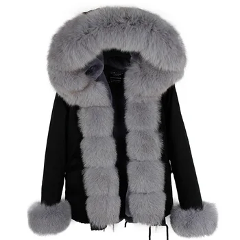 Trumpas Realus Fox Fur Parko Žiemos Striukė Moterims Outwear Storas Šiltas Natūralaus Lapės Kailio Apykakle Paltas Su Gobtuvu Pelliccia Prekės 2020 M.