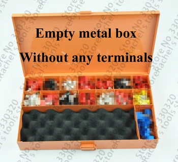 Tuščias oranžinės spalvos metalinė įrankių dėžė rūšiavimo vertus užspaudimo įrankis, replės ir terminalai