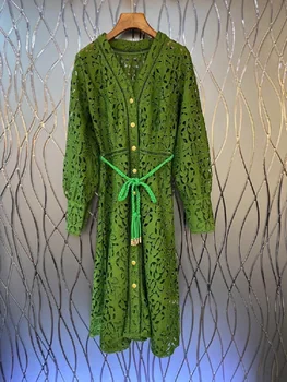Tuščiaviduriai Iš Siuvinėjimo Suknelė 2020 M. Rudens-Žiemos Mados Dizaineris Moterų V-Kaklo Mygtukus String Diržo Deco Šalies Balta Žalia Suknelė