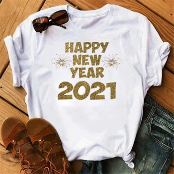 Unisex Vasaros Mados Trumpas Rankovės Tshirts Laimingų Naujųjų Metų 2021 Raidžių Grafinis Atspausdintas Moterų marškinėliai Moteriška Harajuku Viršūnės