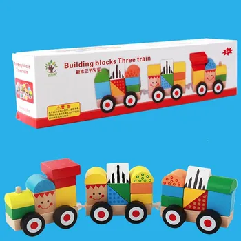 Vaikai Montessori Mediniai trijų skyrių Draggable mažas traukinio Modelį, Dėlionės blokai Žaislas vaikams dovanos