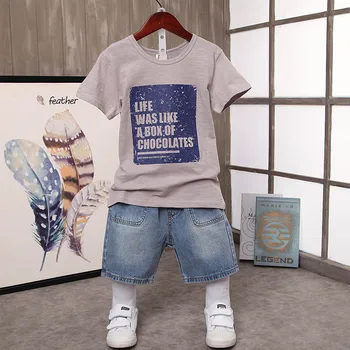 Vaikiška dėvėti berniukas, vasarą cartoon spausdinti trumparankoviai marškinėliai + džinsinio šortai sporto dviejų dalių kostiumas 3-10 metų Amžiaus vaikas Kokybės drabužiai