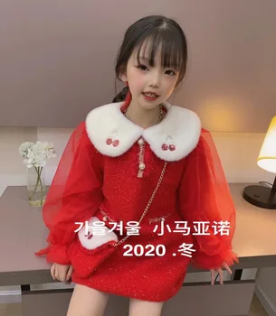 Vaikų drabužiai 2020 m. žiemos sustorėjimas naujųjų metų prekes mergaičių furry atvartas susiuvimo net mergaitės atsitiktinis suknelė