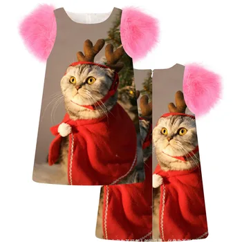 Vaikų Mergaičių Suknelė mados Pavasario/Rudens dirbtiniais kailiais rankovėmis mergaitėms spausdinimo Raudona suknelė katė Bamblys, Vaikams, Suknelės kūdikių Drabužiai.