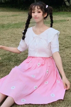 Vasaros 2019 Naujas Japonų Mergaitė Saldus Peter Pan Apykaklės Viršaus + Gėlių Sijonas, Lankas, Japonijos Atsitiktinis Mielas 2 Dalių Kostiumą