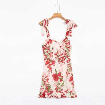 Vasaros moterų suknelė atsitiktinis gėlių spausdinti lankas apdailos plonas diržas suknelė Vestidos
