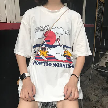 Vasaros moterų trumpomis rankovėmis animacinių filmų letter spausdinimo korėjos versija ulzzang Harajuku mados atsitiktinis BF O-kaklo punk T-shirt