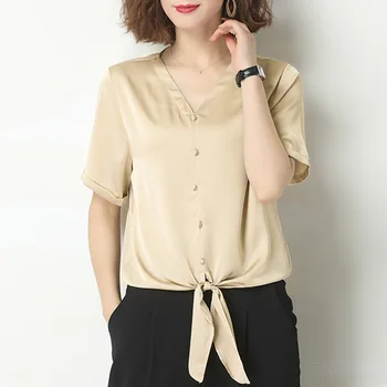 Vasaros naują stiliaus grynos spalvos nėrinių V-kaklo trumpomis rankovėmis šifono T-shirt moterims, pilka