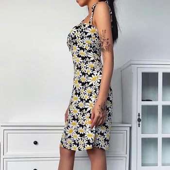 Vasaros Spageti Dirželis Gėlių Spausdinti Suknelė Daisy Atsitiktinis Moterų Kelio Ilgis Mini Suknelės Rankovių Seksualus Suspender Klubo Sijonas 2020 M.