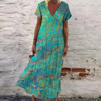Vasaros trumpomis Rankovėmis Ponios Šalis Suknelė 2021 M. Pavasario Gėlių Spausdinti V-kaklo Boho Paplūdimio Suknelė Vintage Elegantiškas Prarasti Moterų Ilgos Suknelės