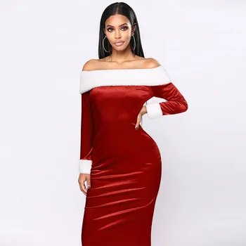 Velniop Kaklo, ilgomis Rankovėmis Slim Bodycon Pliušinis Ilga Suknelė Moterims Off Peties Raudona Maxi Suknelės Kalėdų Vakarėlį Elegantiškas Komplektai #T1G