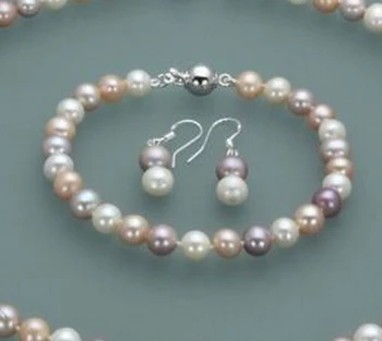 Vestuvių moterų Papuošalai Nustatyti 8-9mm Spalvinga Nekilnojamojo Perlų Apyrankė Tabaluoti Kablys Auskarai Natūralių Gėlavandenių Perlų