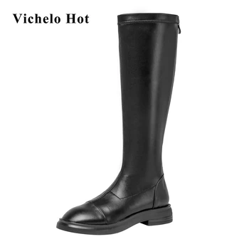 Vichelo Karšto naujas natūralios odos, suapvalinti tne med kulno glaustas stilius trijų spalvų žiemą laikyti šiltai gentlewomen knee-high batai L57