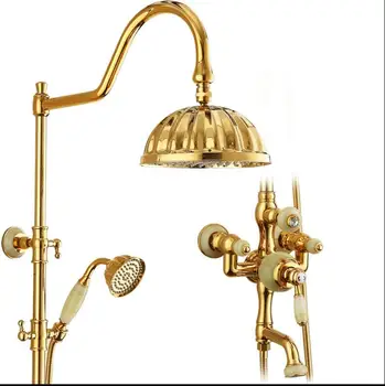 Vidric Europoje stiliaus prabangūs vonios ir dušo maišytuvas, žalvario ir jade aukso baigė prie sienos tvirtinamas dušo maišytuvas rinkinys su kritulių rodyti