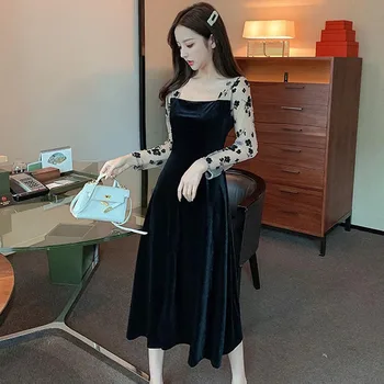 Vientisas 2021 Korėjos Stiliaus Pavasario Prašmatnus Suknelė Prancūzijos Derliaus Aksomo Hepburn Plonas Ir Juosmens Suknelė Aikštėje Apykaklės Temperamentas Suknelė