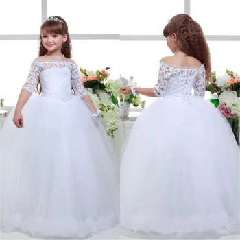 Vintage Baltas Gėlių mergaičių Suknelės, Vestuvių Nėrinių Aplikacijos Pusė rankovės Princesė Nėriniai-Up Kids Šventosios Komunijos Suknelės, Šaliai
