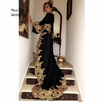 Vintage Black Prom Dresses Su Aukso Appliques Seksualus V-Kaklo, Ilgomis Rankovėmis Oficialų Vakare Chalatai Priekiniai Skyla Atostogų Šalis Turkija