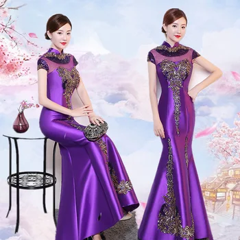 Violetinė Cheongsam Moterų Tradicinį Suknelė Seksualus Vestuvių Qipao Siuvinėjimo Rytų Kinijos Suknelės, Vestidos Formales Ilgai QiPao