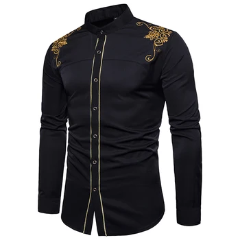 Vyriški Ilgio Rankovėmis marškinėliai naujai Atvykusių Kinų stiliaus Mados viršūnes Vyrų siuvinėjimo modelio Medvilnės drabužius marškinėliai ES/US dydis