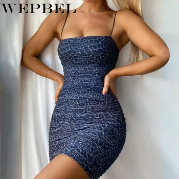 WEPBEL Vasaros Apvalkalą Atsitiktinis Spageti Dirželis Stebėjimo Aukšto Juosmens Mini Suknelė Moterų Sexy, Leopardas spausdinimui Plisuotos Suknelė