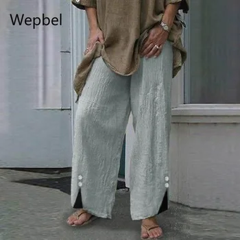 WEPBEL vientisos Spalvos Mygtukai Platus Kojų Kelnės Mados Atsitiktinis Moterų Pants Plus Size Prarasti Vidurio Juosmens Vasaros Kelnės
