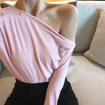 Yedinas Atsitiktinis Vienos Pečių Moterų Top Pink Long Sleeve T-shirt Moterų Viršūnių Seksualus Simetrinis Slim Kietos Ponios Topai Marškinėliai Modalinis