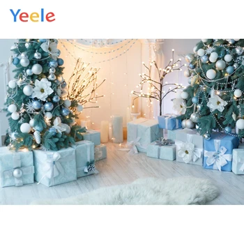 Yeele Linksmų Kalėdų Baltas Medinis Namas Medžių Mėlynos Ir Baltos spalvos Kamuoliukus Fone Photophone Fotografija Dekoro Individualų Dydį
