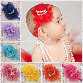YH435 Kūdikių Perlų Rožė Gėlių Plaukų Juosta Šifono Nėrinių Kūdikių Lankelis Juostelės Elastingumą, Plaukų Aksesuarai, galvos Apdangalai