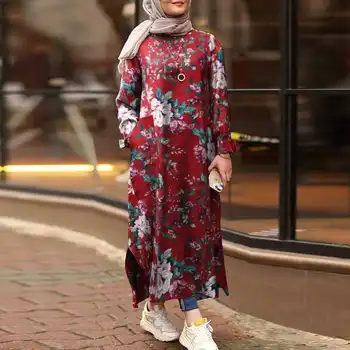 ZANZEA Moterų Vintage Suknelė Rudenį, O Kaklo, ilgomis Rankovėmis Gėlių Spausdinti Sundress Atsitiktinis Musulmonų Suknelė Prarasti Kaftan Vestiso Plius Dydis
