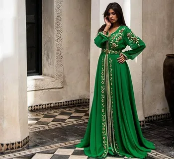 Žalia Siuvinėjimo Kaftan Morrocan Vakarą Elegantiška Suknelė Ilgomis Rankovėmis Šifono Ilgai Prom Dresses 2020 Pigūs Moterų Oficialų Šalis Suknelė