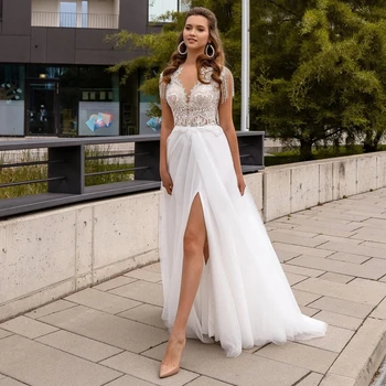 Žavinga Padalinta Ritininės Vestuvių Suknelės 2021 Vien O-kaklo Kutas Rankovių Aplikacijos Valymo Traukinio Nuotakos Suknelė Užsakymą Nuotakos Suknelė