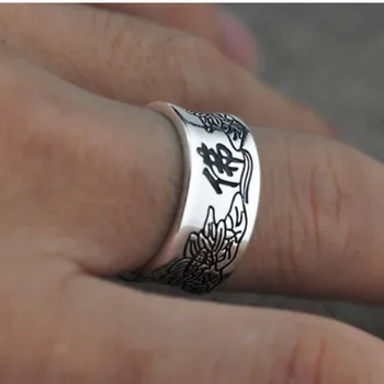 Žiedas Vyrams Rankų Darbo Retro 999 Gryno Tailando Sidabro Atidarykite Reguliuojamas Religinių Žiedas Juosta Drožyba Budistų Raštus Mados Jewerly