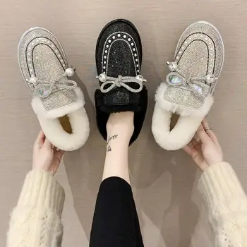 Žiemos Moterų Mados Batai Auliukiniai Sniego Butas Platforma Klasikinis Slip-on Plus Aksomo Išlaikyti Šiltas Bling kristalų neslidus Elegantiškas batų