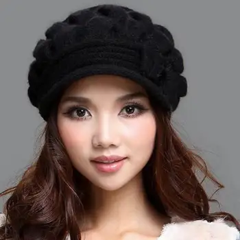Žiemos skrybėlę moterų rudenį ir žiemą avių vilnos megztus skrybėlę dvigubo sluoksnio šiluminė triušio kailiniai skrybėlės moterims M-1328