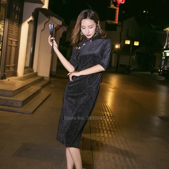 Žiemos Velvetas Cheongsams Moterų Tradicinės Kinų apranga Derliaus Elegantiška Suknelė Moterų Naujųjų Metų Slim Bodycon Padalinta Qipao