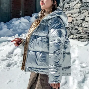 Žiemos Šiltas Parko Moterų Prarasti Vandeniui Sniego Outwear Nešioti Ant Abiejų Pusių Balta Antis Žemyn Striukės Gobtuvu Moteriška Blizgus Žemyn Paltai