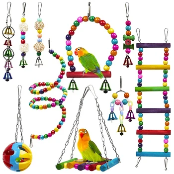 10 Pak Paukštis Narve, Žaislai Papūgos Patikimas ir Chewable - Sūpynės Kabinti Kramtomoji Bite Tiltas Mediniai Karoliukai Rutulį Bell Žaislai.