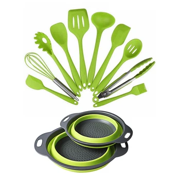 10 Vnt Virtuvės Silikonas Atsparus Karščiui Virtuvės Valgių Gaminimo Įrankių Rinkiniai & 2 x Išardomi Colanders (Sietai)